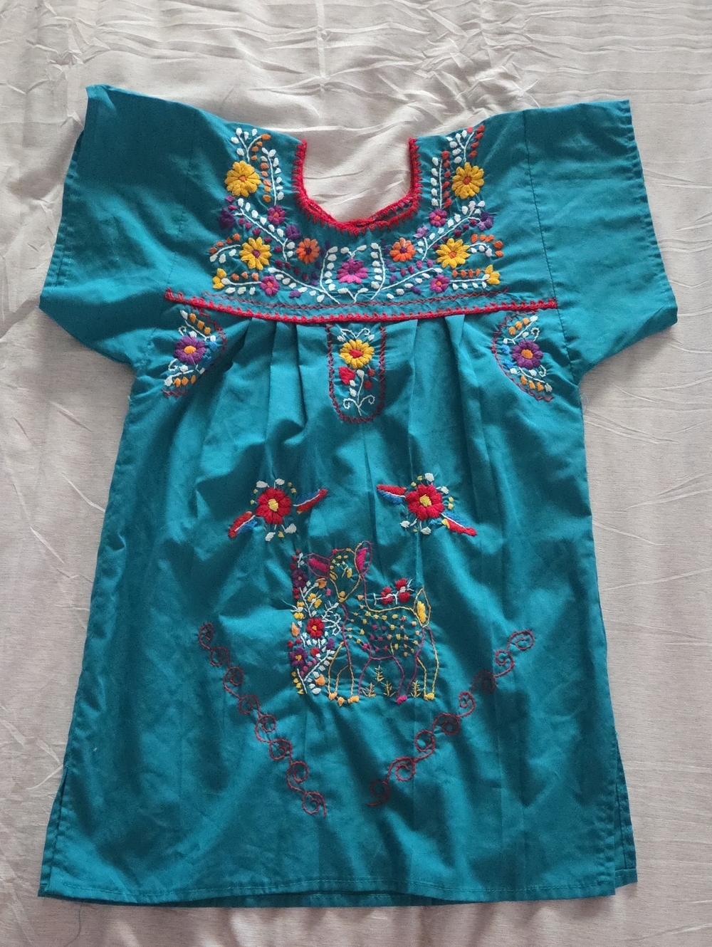Turquoise Embroidered Girls' Dress - Bright Floral Design